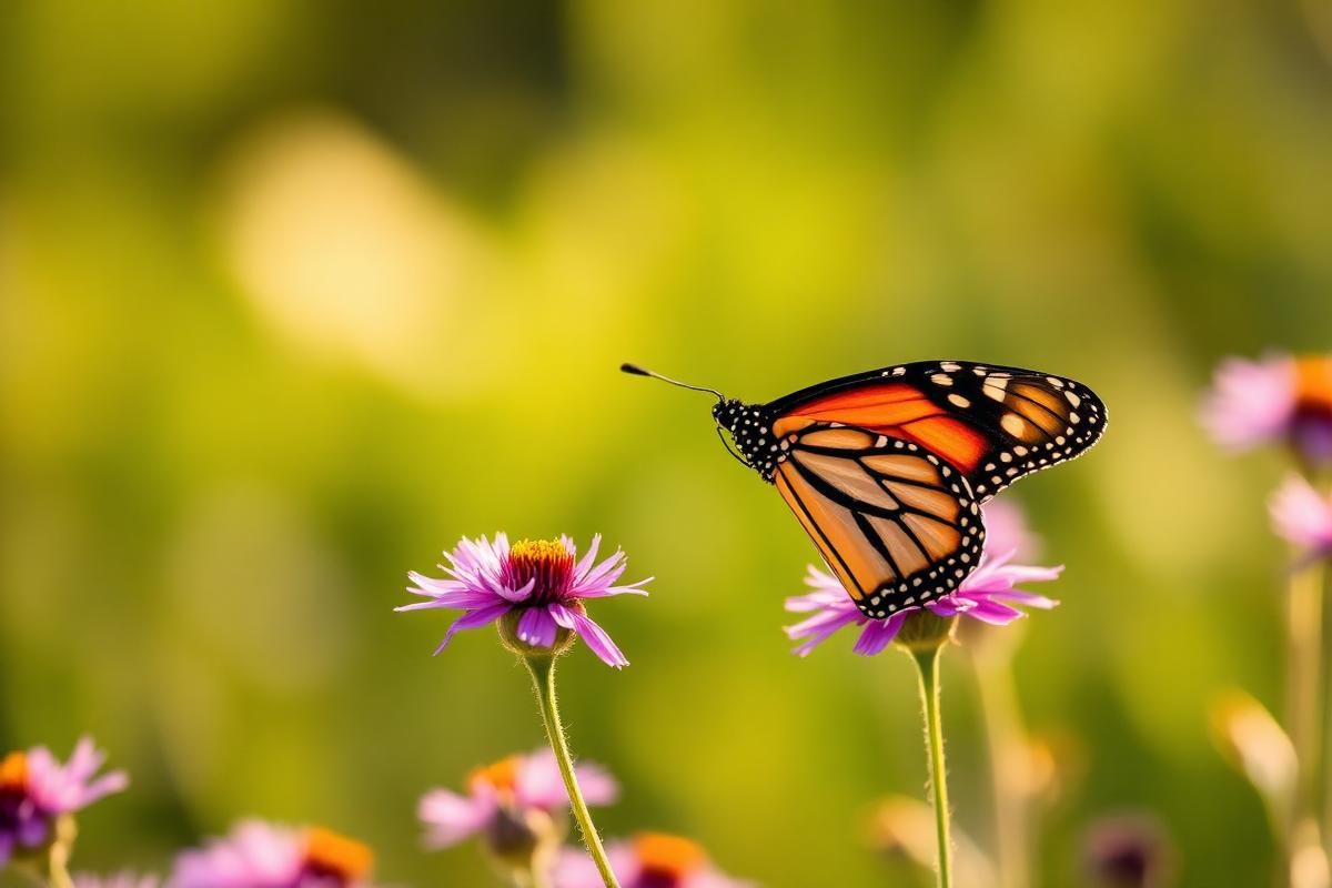 A monarch butterfly resting on purple wildflowers in warm light