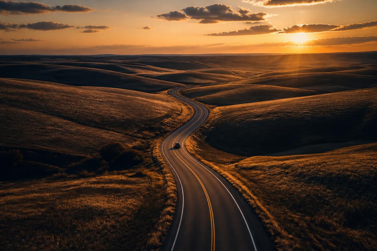 A winding road through golden prairie hills at sunset