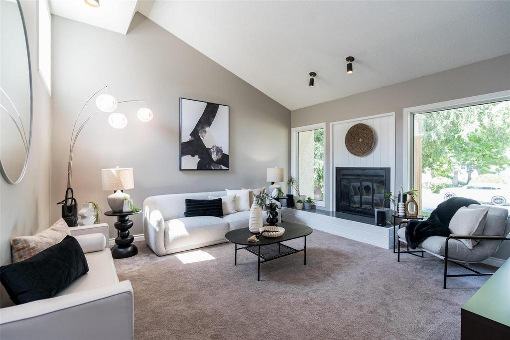 Living room with wood-burning fireplace