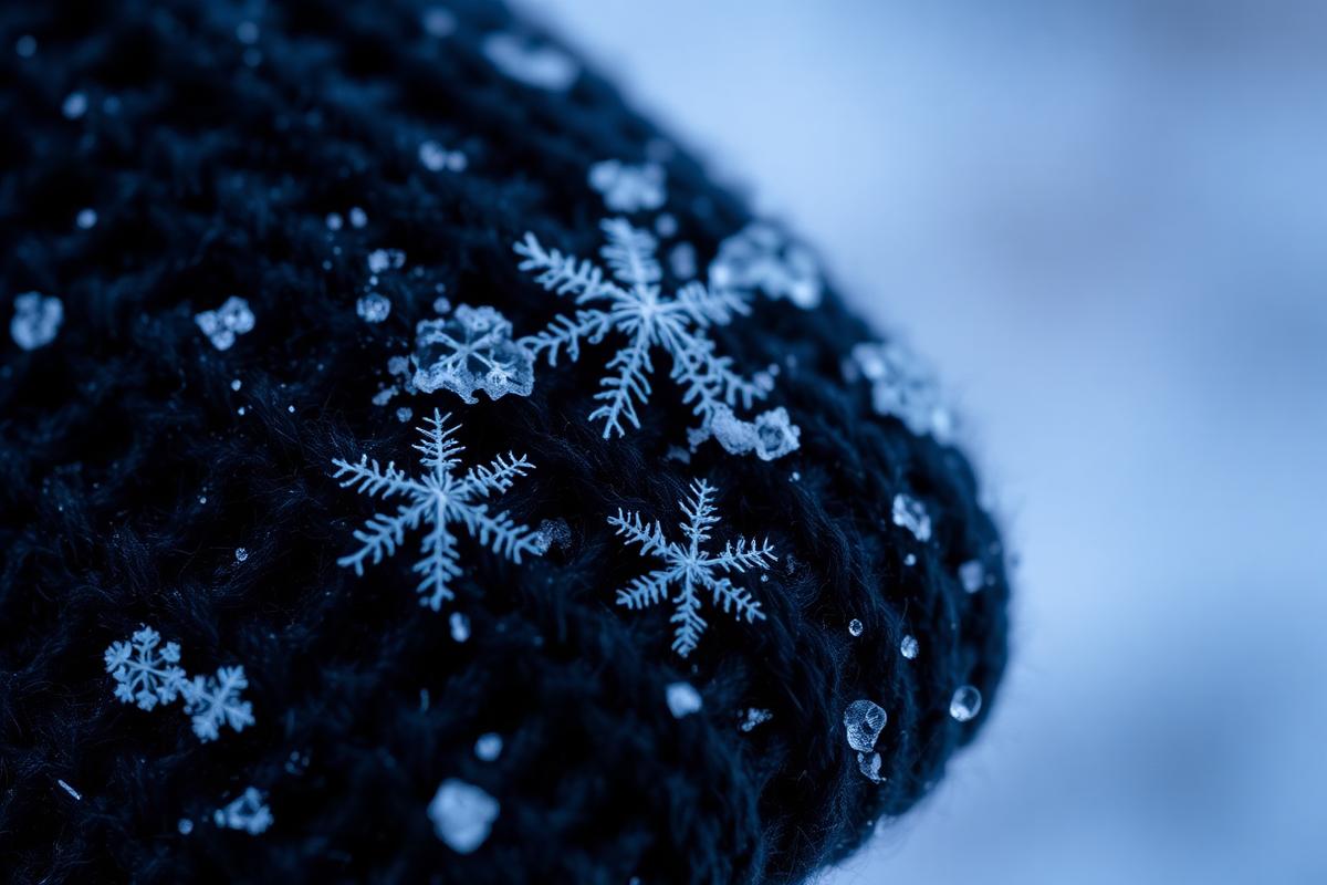 Macro photograph of individual snowflakes resting on a dark wool mitten