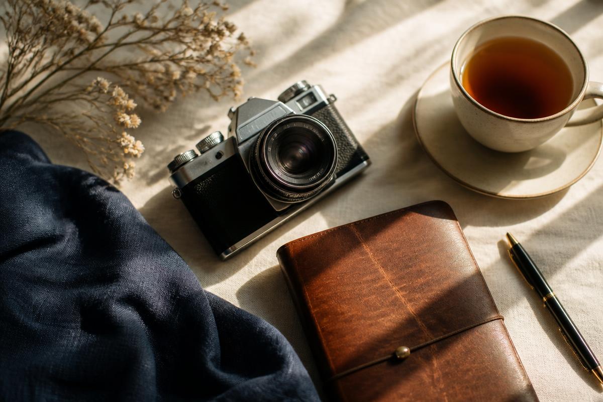 A vintage camera, leather notebook and tea on a cream linen tablecloth in soft morning light