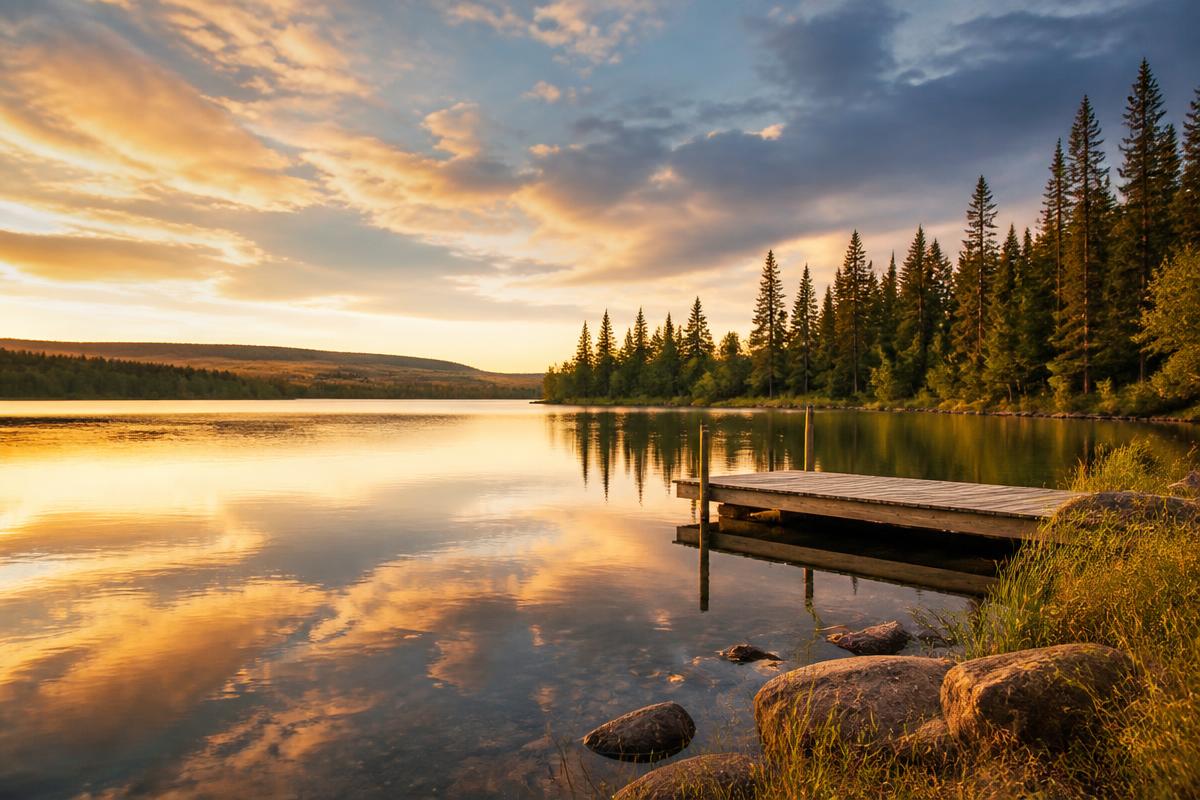 A calm lake at sunset with a wooden dock and pine trees along the shoreline