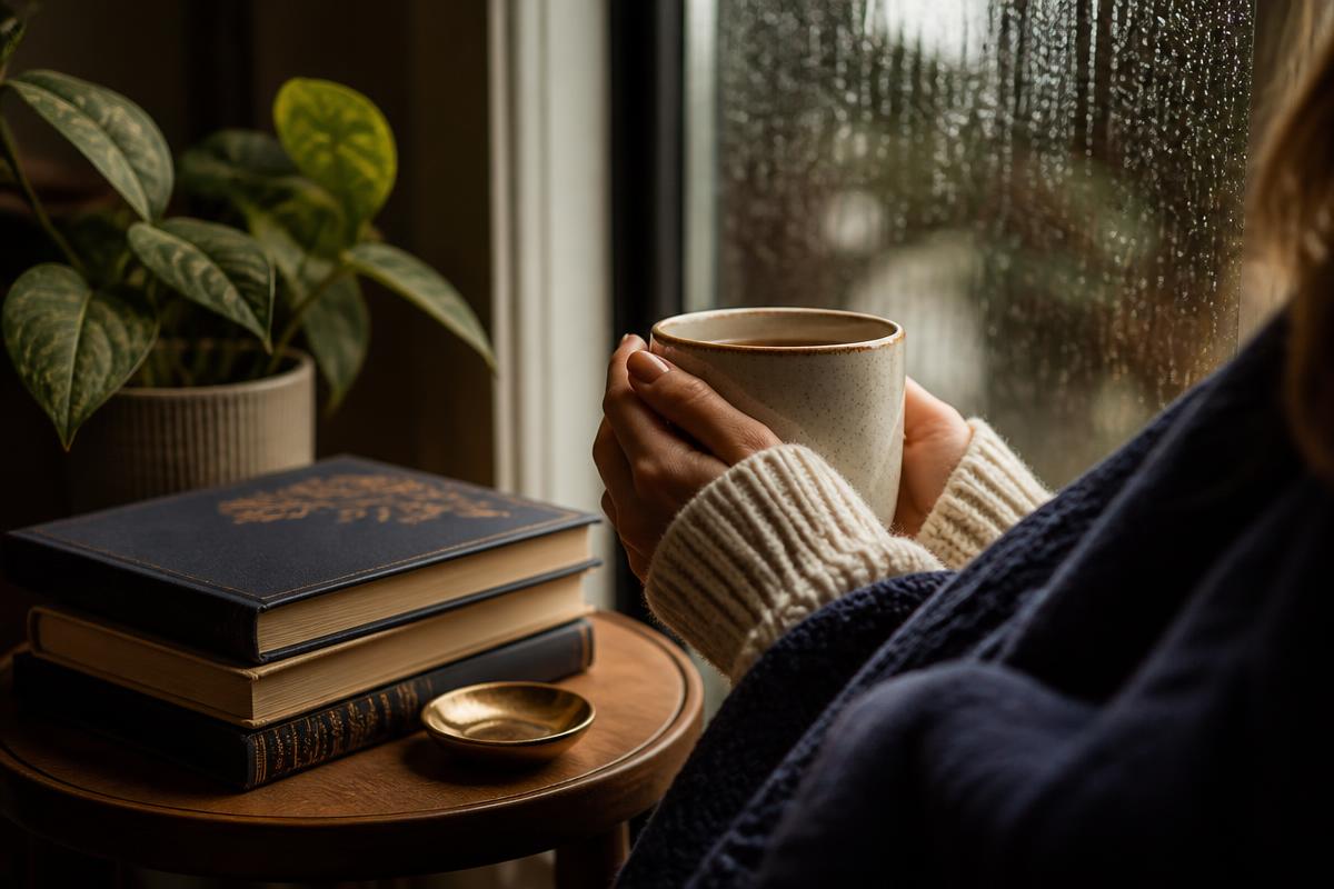 Hands wrapped around a ceramic mug near a rainy window with books and a houseplant