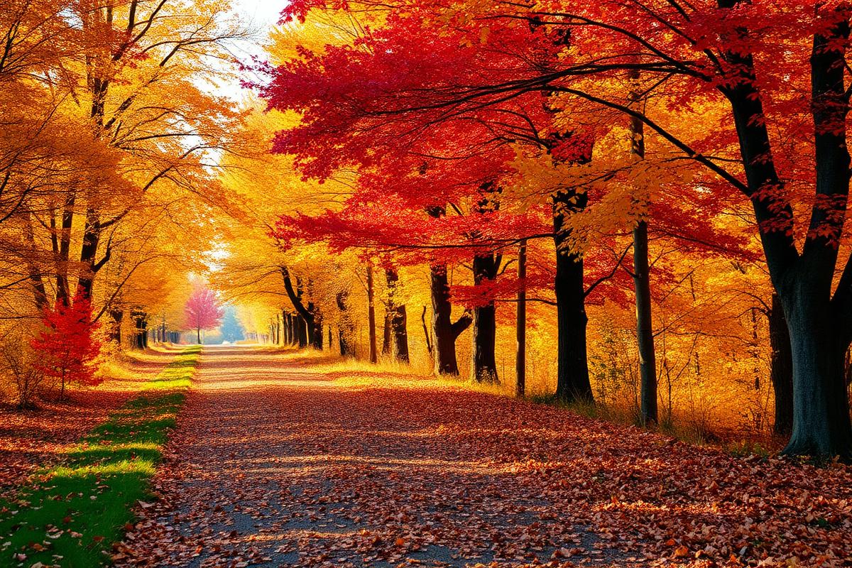A path lined with golden and red maple trees with fallen leaves on the ground
