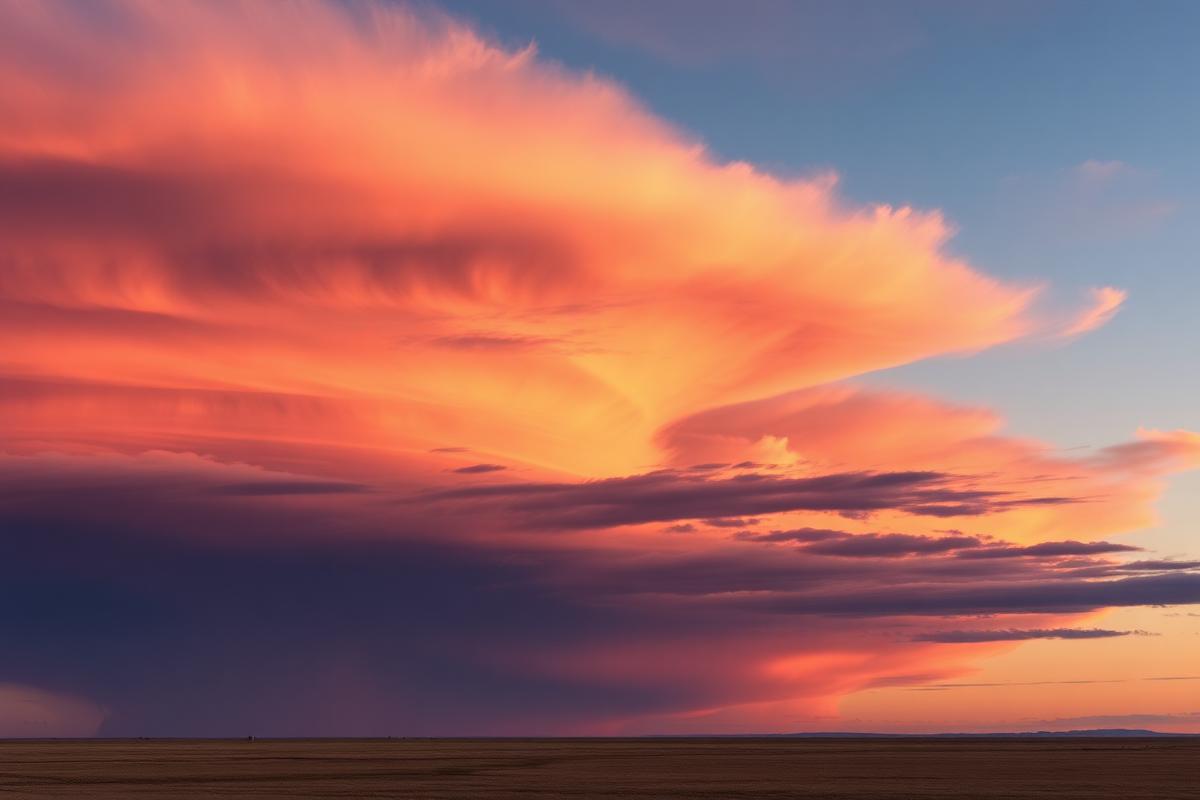 A dramatic prairie sky at sunset with pink, orange and violet clouds